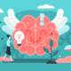 illustration of brain with wings, clouds, a paper airplane, a woman standing next to a floating lightbulb, and plants
