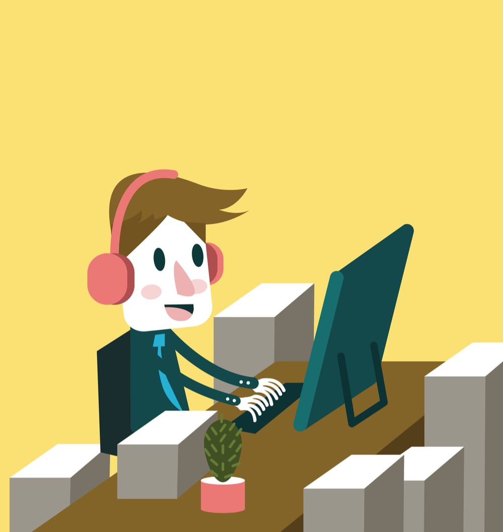 illustration of a man working at a desktop computer and listening to music with headphones on