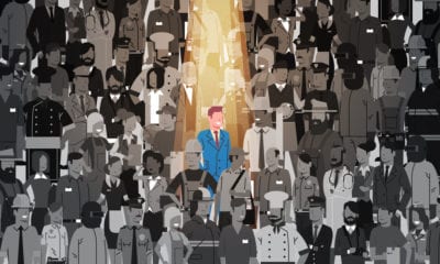 illustration of a group of businesspeople with a spotlight on one man in a suit in the center