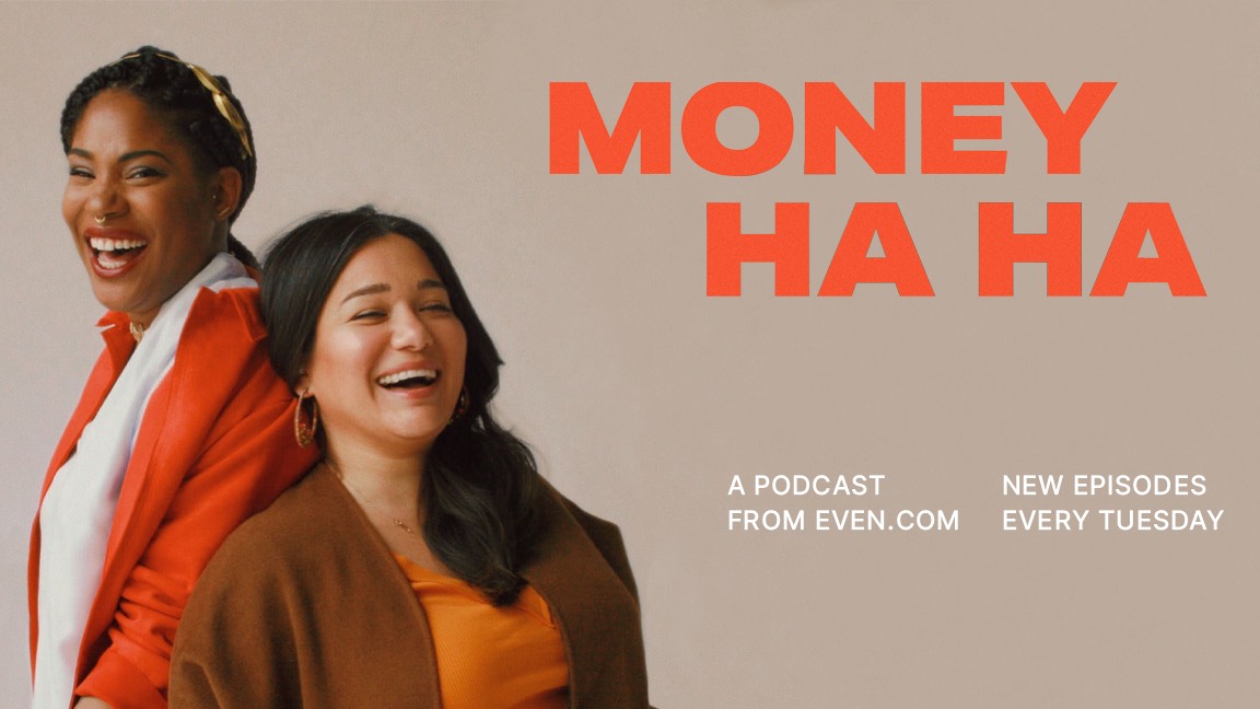 Yasmine Khan and Dara Wilson in a promotional photo for their podcast Money Ha Ha